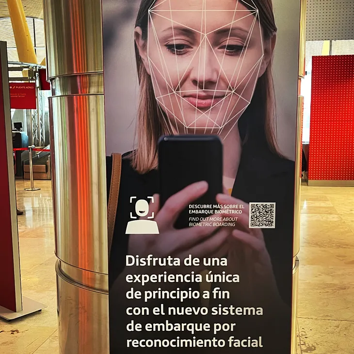 IMAGE: A totem advertising the new face recognition system installed ib the Madrid Airport for Iberia flights between Madrid and Barcelona