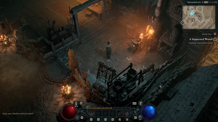 A low level wizard stands near the blacksmith in Diablo IV.