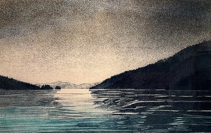 Landscape print showing mountains and ocean