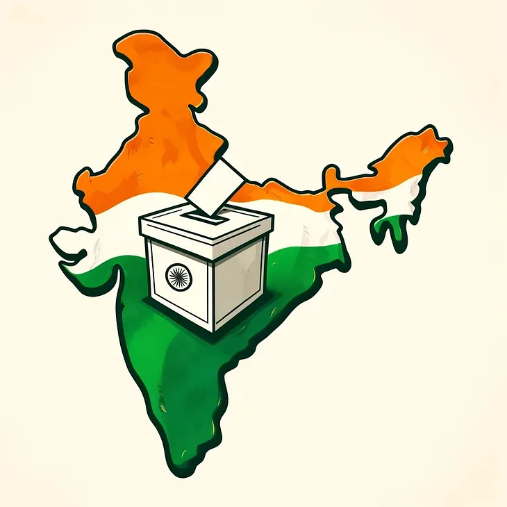 IMAGE: A map of India, colored with the saffron, white, and green of the Indian flag and featuring a stylized ballot box, symbolizing the forthcoming elections