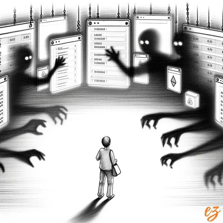 A detailed black and white pencil sketch depicting a user surrounded by digital screens with shadowy figures reaching for floating strings of numbers and letters, symbolizing wallet addresses in a Web3 environment.