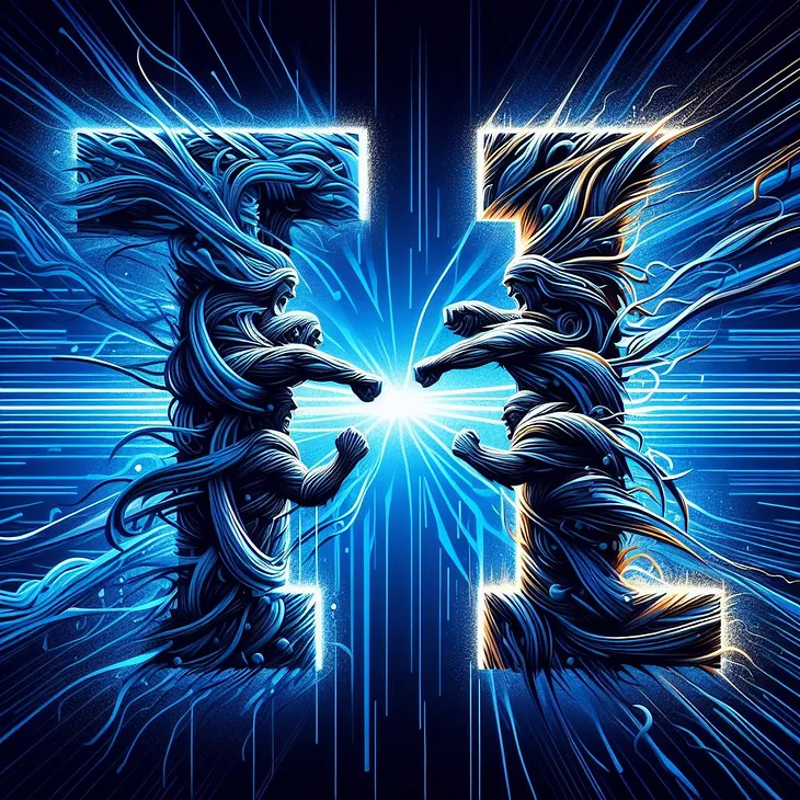An image with blue energy being emitted in the background. There is a letter “T” clashing with a letter “I” that symbolises the debate between types and interfaces in TypeScript.
