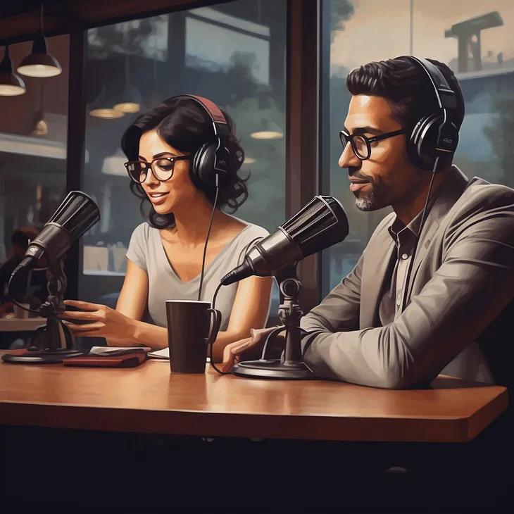 two attractive people sitting at a podcasting booth. I picked this image because podcasting is one of the best thought leadership examples, and these two look very influential and leadership-y.
