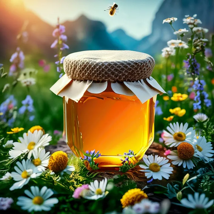 A jar of honey in the wilderness surrounded by flowers.