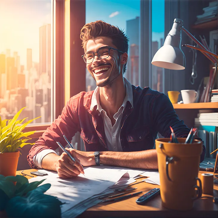 AI-generated image of a smiling young man basking in bright sunshine at his work desk