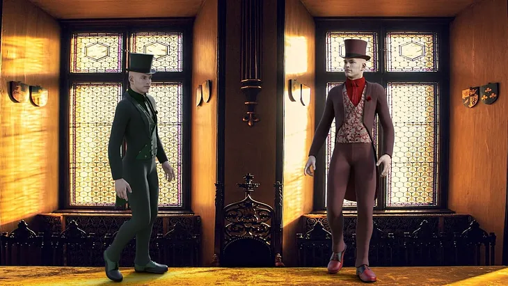 composite digital illustration of two men in top hats in an ornate room