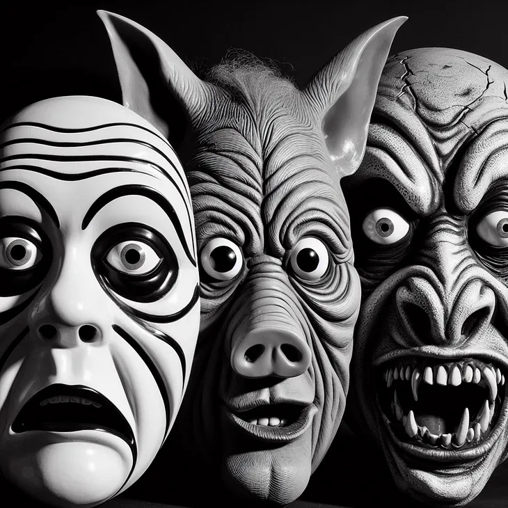 Three black & white masks, one with a surprised expression, one is a pig face, and one is a monster with fangs