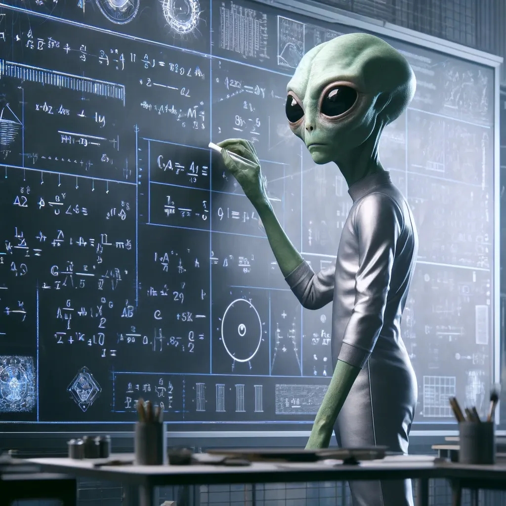 An alien doing mathematics on a board