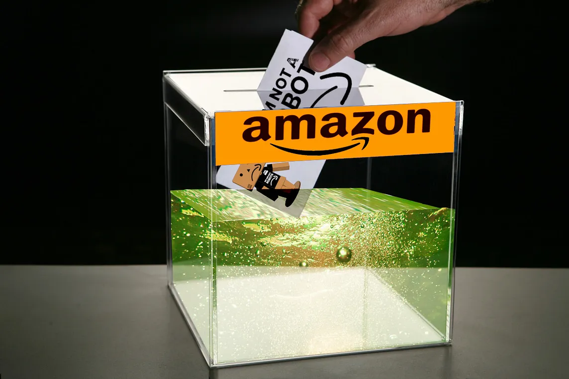 A hand depositing a ballot in a perspex ballot box on a black background. The box is full of yellow-green piss and the ballot features an angry robot made from Amazon boxes and the phrase ‘I am not a robot.’ The box has an Amazon logo across its top. Image: Isabela.Zanella (modified) https://commons.wikimedia.org/wiki/File:Ballot-box-2.jpg CC BY-SA 4.0 https://creativecommons.org/licenses/by-sa/4.0/deed.en