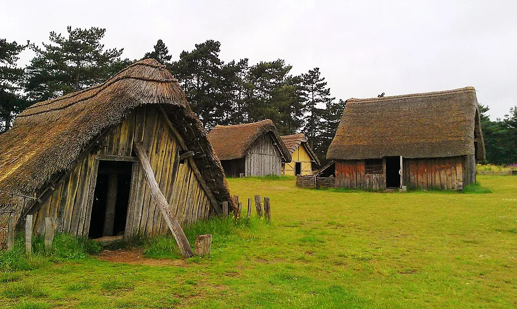 Replica Anglo-Saxon homes in a field at West Stow, England