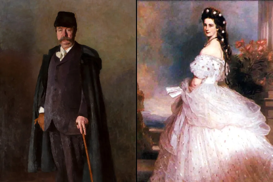 Left, an older man with a moustache looks at us from a painting. Right, a woman wears a large dress adorned with silver stars, which is one of the man’s creations.