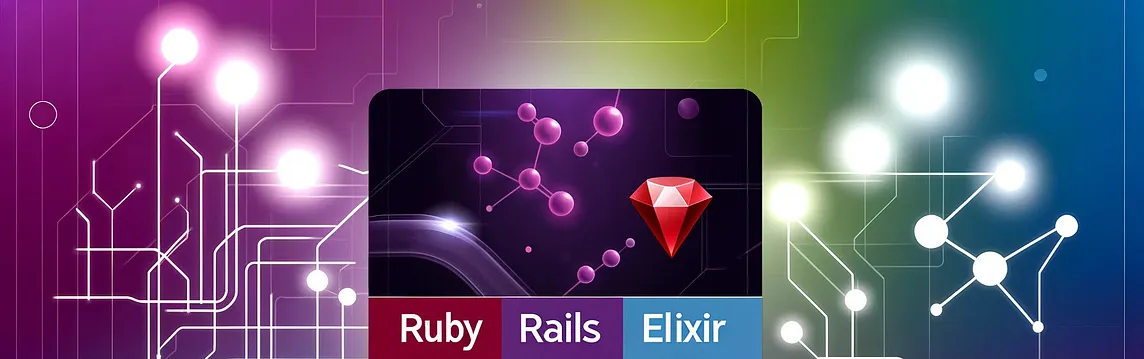 Image with the words Ruby, Rails, and Elixir with a red, purple, and green digital background