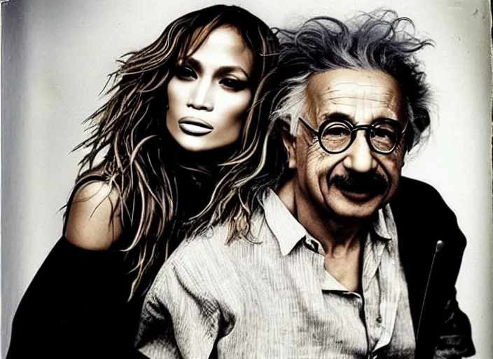A realistic-looking, AI-generated image of Jlo (Jennifer Lopez) leaning against Albert Einstein from behind. They look casual and relaxed as if they are on vacation.