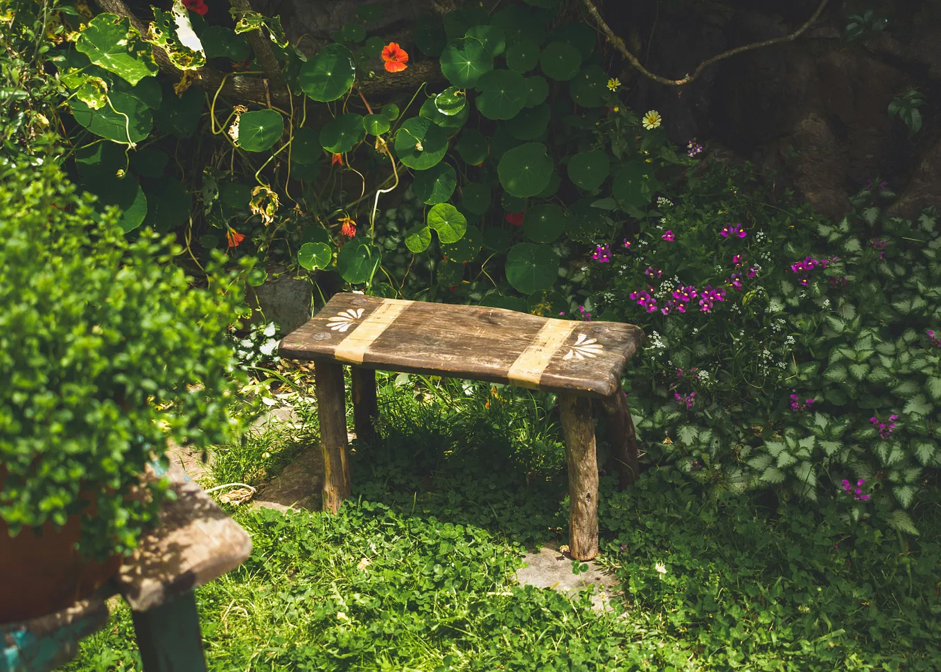 A small brown wooden bench/stool in a lush green garden with small flowers in the background.