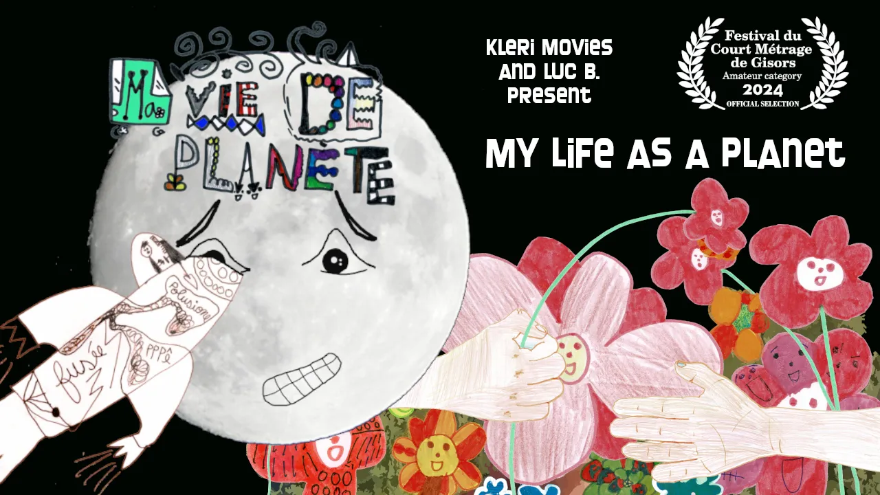 Poster with the moon and drawings of a fuse and flowers, with the title “My Life As A Planet”